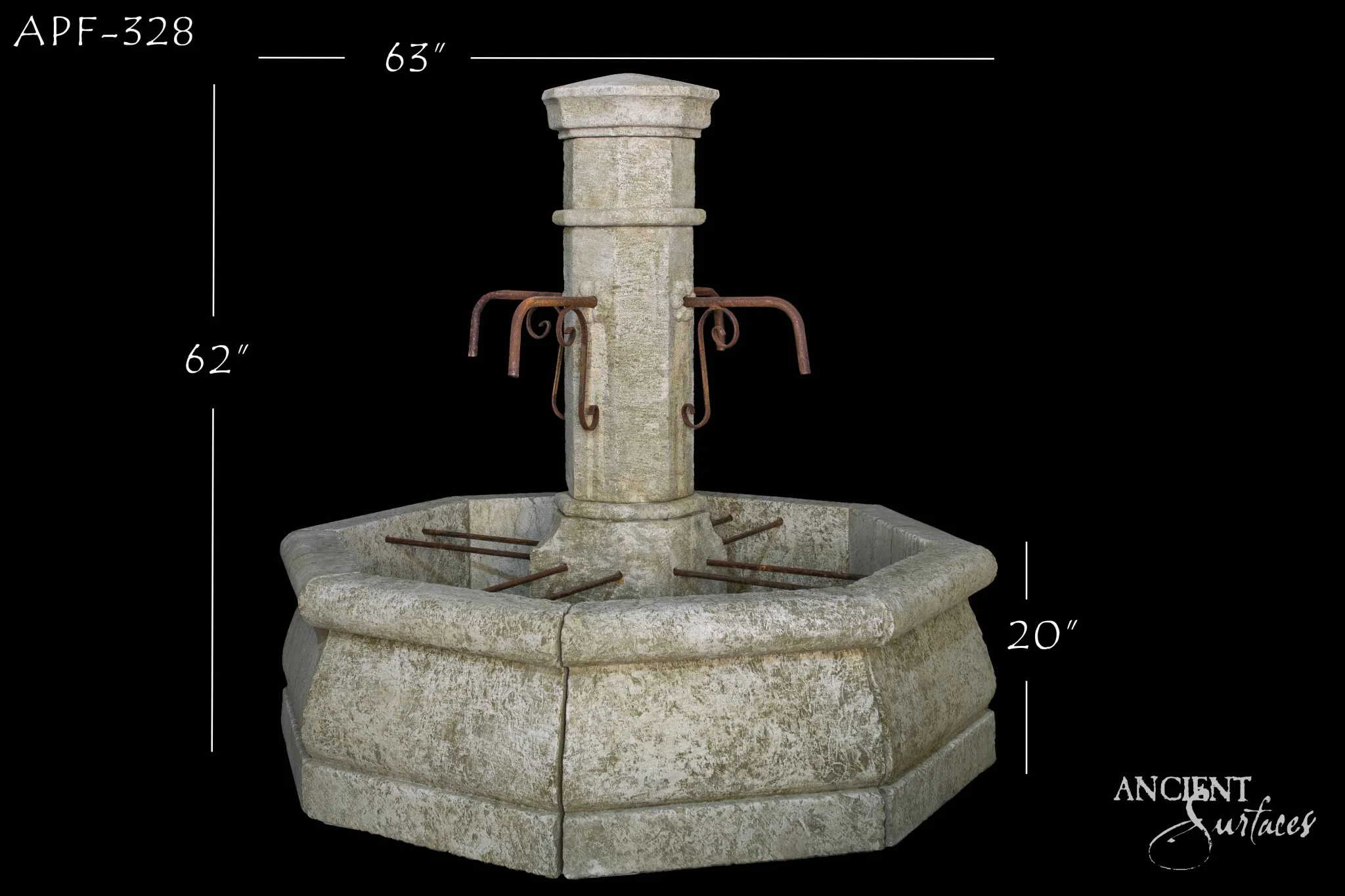 Octagonal reclaimed antique limestone pool fountain from Ancient Surfaces with a square central pillar, four rusted wrought iron scroll spouts and iron tie bars spanning the basin