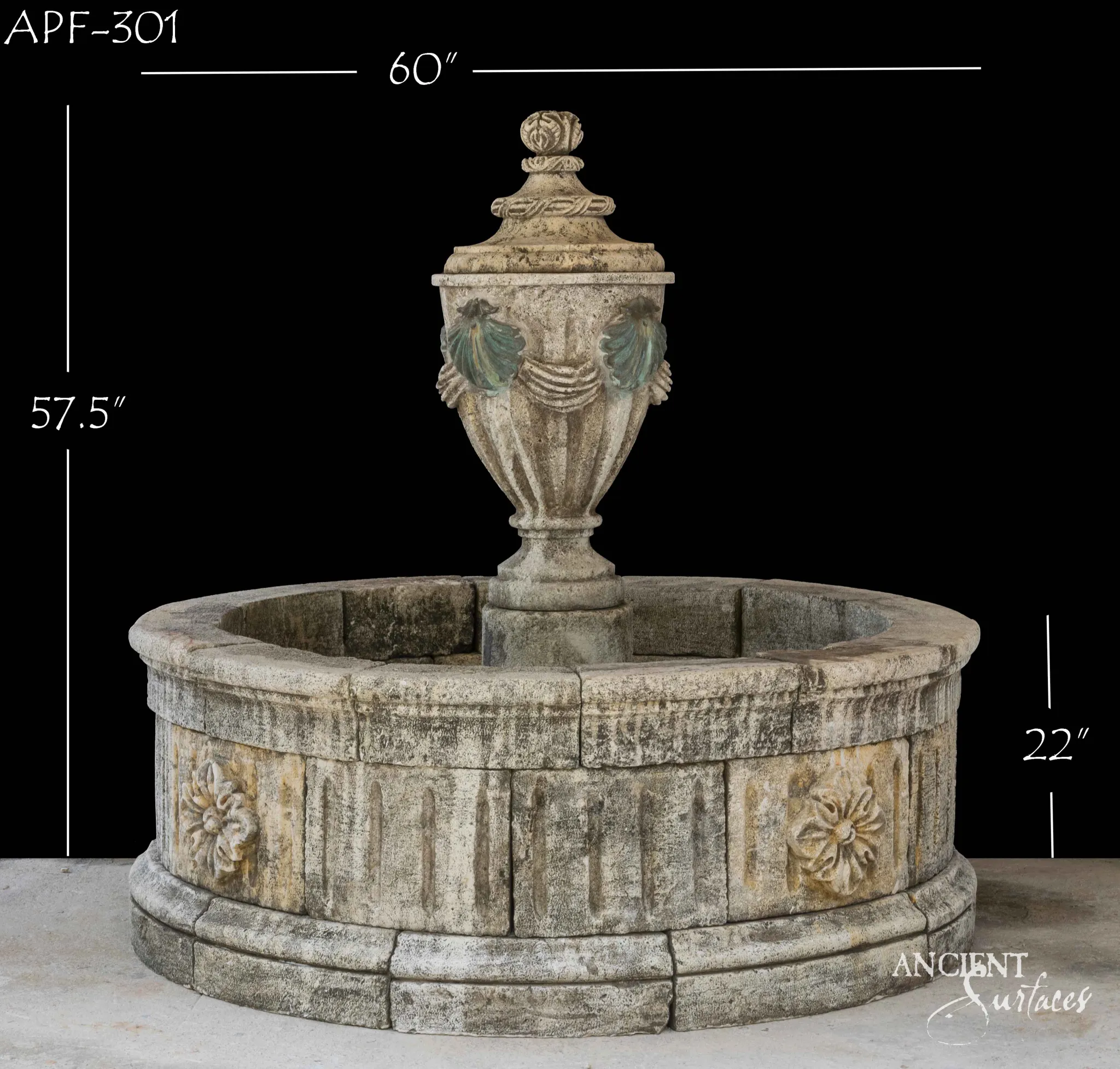 Reclaimed antique limestone pool fountain from Ancient Surfaces with a fluted lidded urn centrepiece hung with carved swags and green tinged shell handles, above a fluted circular basin set with carved rosettes