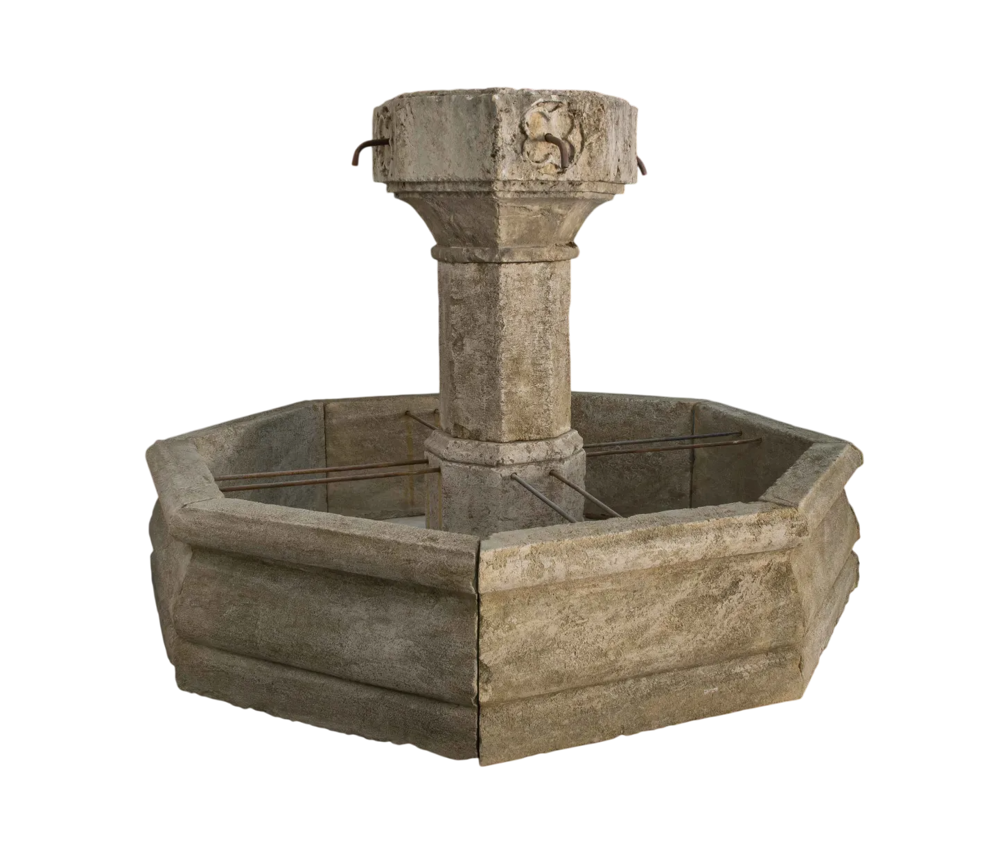 Luxury reclaimed antique limestone pool fountain from Ancient Surfaces in a formal outdoor setting, with a sculpted basin and elegant carved detailing at the centre of a landscaped courtyard