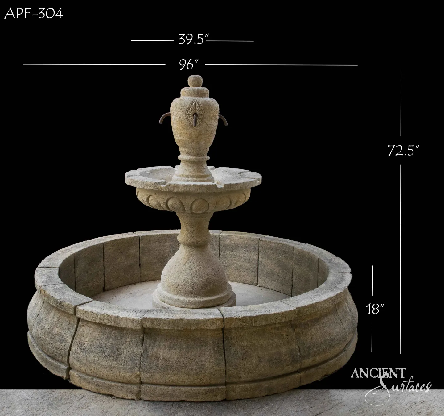 Two tier reclaimed antique limestone pool fountain from Ancient Surfaces with a shallow moulded bowl on a baluster stem, a carved urn with small iron spouts above, and a plain rolled circular basin